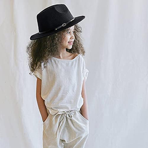 Girls Classic Felt Fedora Hat, Wide Brim Belt-Buckle Panama Hat for Kids 7-15 Years