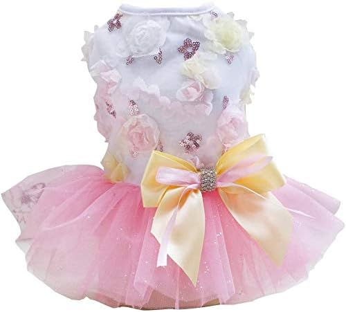 Puppy Skirt Tutu Dresses for Small Dogs, Luxury Bow Flower Sequin Dot Wedding Lace, Pink (M) for Girls Cats