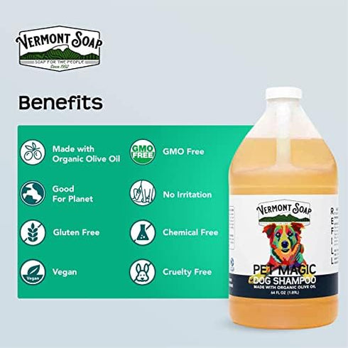 VERMONT SOAP Organics Pet Shampoo - Infused with Organic & Natural Olive Oil, Coconut & Aloe Vera, 64oz