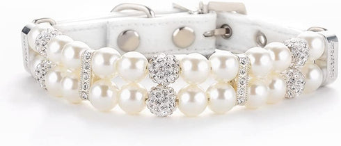 Dog Cat Pearl Collars - Adjustable Crystal Rhinestone PU Leather Necklace, Medium Size, White Pearl Pet Collar