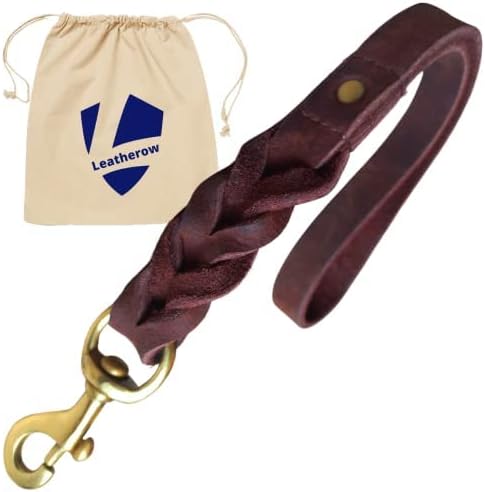 Leather Short Dog Leash 15 Inch, Braided Traffic Lead for Large Dogs, Heavy Duty Leather (Brown)