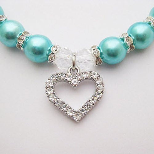 Engraved Crystal Heart Dog Necklace Jewelry - Bling Pearls Rhinestones Charm for Small Dogs, Blue