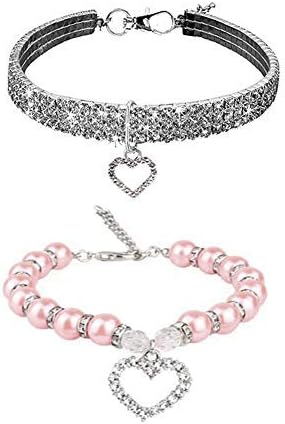 Rhinestones Dog Collar and Pearl Necklace Set, Adjustable Bling Crystal Dog Collar for Small Girls Cats, Puppy
