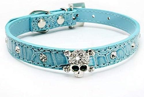 Cute Fancy Skull Diamond Crystal Rhinestone Leather Small Pet Dog Cat Collar Puppy (Blue, S)