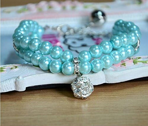 Luxury 2 Row Pearls Rhinestones Pet Necklace Collar Jewelry with Bling Crystal Ball Charm for Small Dogs, Cats (Blue,