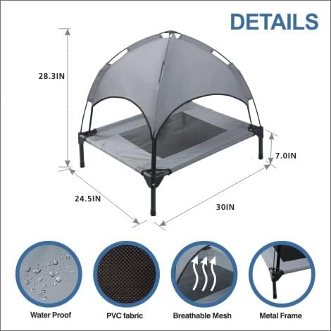 Small Elevated Dog Bed with Canopy, Upgraded 30IN Outdoor Raised Dog Cot Bed with Removable Shade Tent, Gray (S Size)