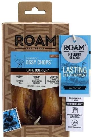ROAM PET TREATS Ossy Chops 2pk Dog Treats, Single Sourced Novel Proteins Long Lasting Chews Made from Ostrich for Dogs