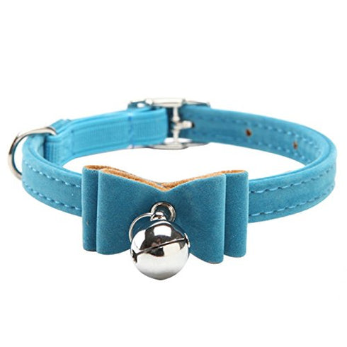 AKOAK Adjustable PU Leather Pet Dog Bowknot Lead with Bell Necklace, Blue