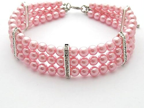 Fancy 3 Row Pearls Diamond Dog Necklace Collar Jewelry with Bling Rhinestones for Small Dogs, Pink
