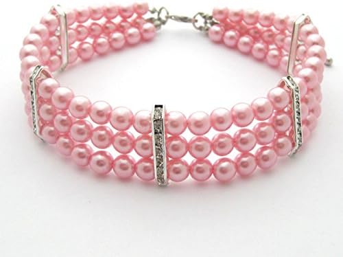 Fancy 3 Row Pearls Diamond Dog Necklace Collar Jewelry with Bling Rhinestones for Small Dogs, Pink