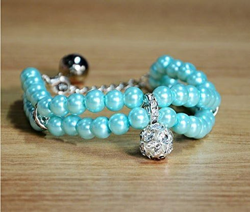 Luxury 2 Row Pearls Rhinestones Pet Necklace Collar Jewelry with Bling Crystal Ball Charm for Small Dogs, Cats (Blue,
