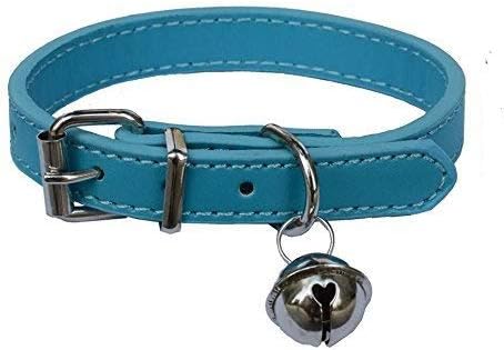 Turquoise Blue Leather Pet Collars for Cats and Puppies, Adjustable 8"-10.5" Kitten Collar with Bell