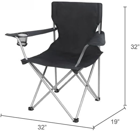 Generic Heavy-Duty Quad Folding Camp Chair with Cup Holder, Portable Outdoor Chair, Black