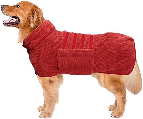 Geyecete Dog Bathrobe Towel Drying Coat - Fast Drying Super Absorbent Pet Bath Robe Towel - Pineapple Grid - Red (L)
