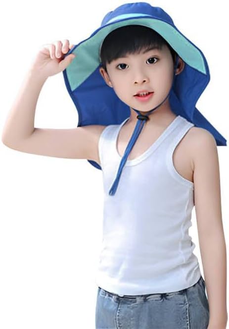 Kids Fishing Sun Hat with Neck Flap - Wide Brim Bucket Hiking Safari Cap with Ponytail Hole, Breathable UPF50+
