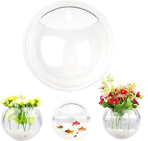 2Pack 5.9'' Wall Mounted Clear Acrylic Round Fish Tank Flower Pot Vase, Wall Hanging Mount Fish Bowl