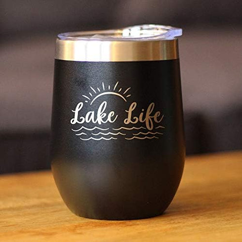 Lake Life Wine Tumbler with Sliding Lid, Stemless Stainless Steel Insulated Cup for Outdoor Camping, Black.