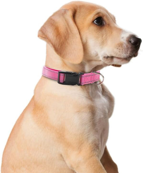 Reflective Dog Collar for Small, Medium, and Large Dogs, Adjustable Nylon with Quick Release Buckle (Pink M)