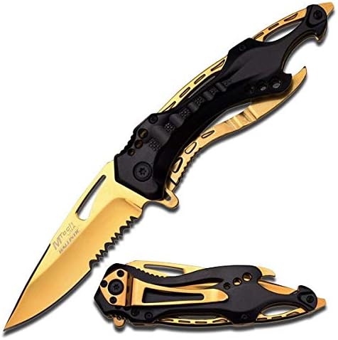 MTECH 8" BLACK AND GOLD TITANIUM STAINLESS STEEL SPRING ASSISTED FOLDING KNIFE Blade pocket open switch- Firefighter Rescue Pocket Knife - hunting knives, military surplus - survival and camping gear by MTECH USA