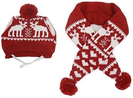 Cat Christmas Reindeer Scarf and Hat Set Costume for Small Pets Puppy - Red, XSmall