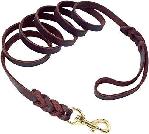 Leather Braided Dog Leash, 5 ft by 1/2 in (160cm 1.2cm), Brown Latigo Leather for Training & Walking