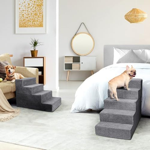 Heeyoo Dog Stairs for Small Dogs, 5-Step High-Density Foam Steps with Non-Slip Removable Washable Cover, Grey, 23" High