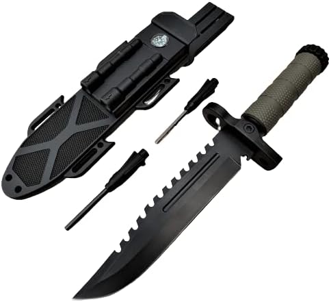 Tactical Hunting Knife 13.75" Fixed Blade - Survival Knife with Combat Blade, Camping Accessories, Survival Gear (Olive