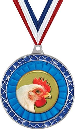 Chicken Blue Trellis Medal Silver, 2.5" Chicken Prizes, Kids Chicken Trophy Medal