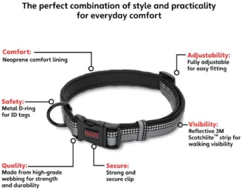 HALTI Comfort Collar - XS, Black, Nylon and Neoprene-Padded Comfy Dog Collar, Reflective, Easy to Fit