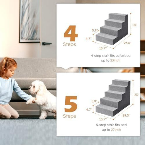 Heeyoo Dog Stairs for Small Dogs, 5-Step High-Density Foam Steps with Non-Slip Removable Washable Cover, Grey, 23" High