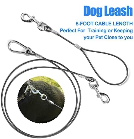 Chew Proof Dog Leash, 5Ft Tie Out Cable with Detachable Short Handle, Non Chew Braided Cord Steel Training Leash for