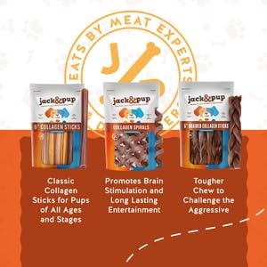 Jack&Pup 6" Beef Collagen Sticks for Dogs, Rawhide Free, Long Lasting, Healthy Dog Treats for Medium Dogs, 10 Pack