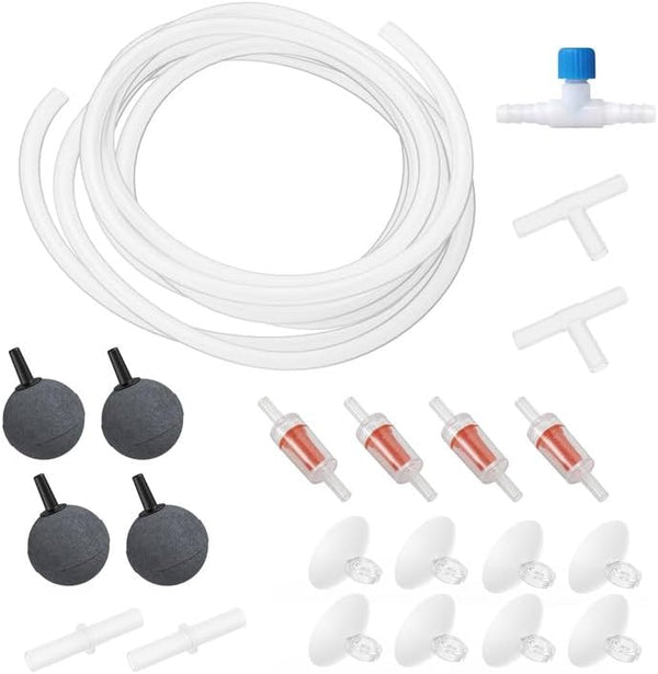 Aquarium Air Pump Accessories Kit with Standard Tubing, Air Stones, Check Valves, Suction Cups and Connectors.