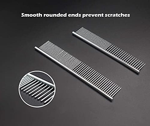 Dog Combs for Grooming, 2 Pack Metal Comb with Rounded Teeth, Stainless Steel Cat Comb for Removing Tangles and Knots
