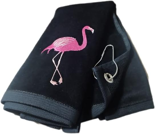 Pink Flamingo Golf Towel, 100% Turkish Cotton Absorbent Golf Bag Towel with Clip, 11X18 inch (black, 2)