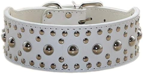 Studded Dog Collar, Leather Collar for Medium Large Dogs (M:17-20 inch, White)