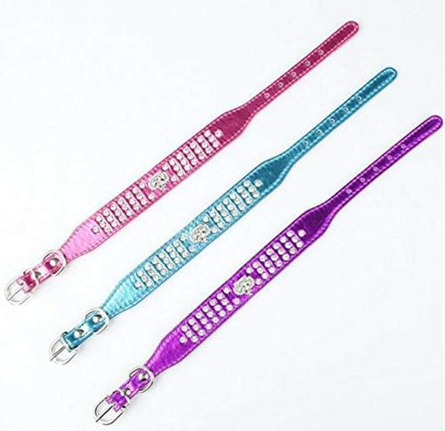 Rhinestone Dog Collar Crown Diamante Jewelry Crystal PU Leather Pet Collar, Blue, M