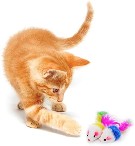 20 PCS Furry Cat Toys Squeak Mouse Rattle Mice with Feather Tails (Random Color)