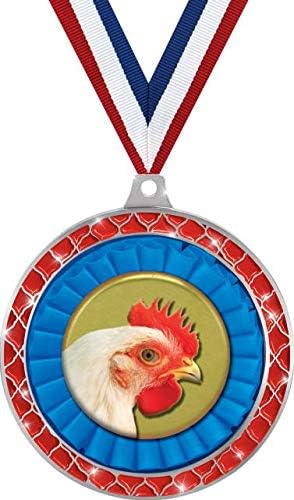Chicken Red Trellis Medal Silver, 2.5" Chicken Prizes, Kids Chicken Trophy Medal