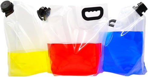 FUJIDENSO 4 Pack 1.3 5 Gallon Liter Food Grade Drink Carrier Water Pouch with Tamper-Evident Cap, Freezable Collapsible