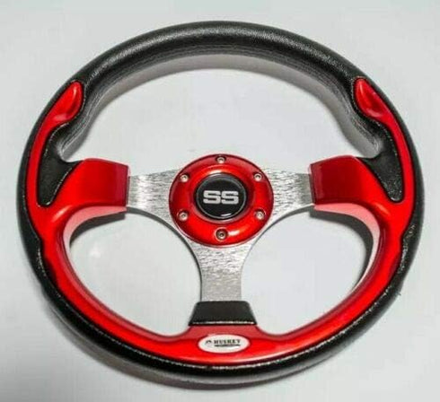 Huskey 12.5 Inch Racing Style Red Golf Cart Steering Wheel for Club Car/EZGO/Yamaha, Classic SS Center Logo