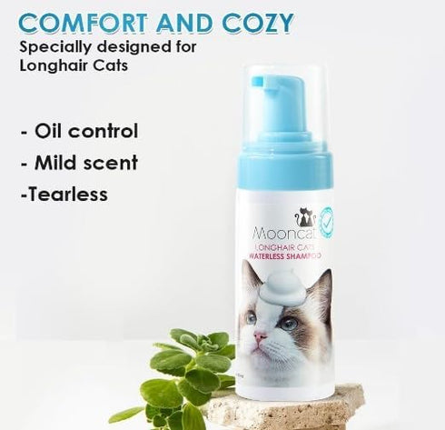 (5 oz) Mooncat Waterless Cat Shampoo and Brush Kit - No Rinse Foam Bath for Long Hair Cats - Grooming for Sensitive