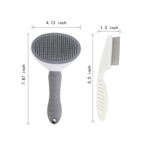Cat Brush with Release Button, Universal for Cats and Dogs, One Click Release, Brush and Flea Comb Set (Grey)