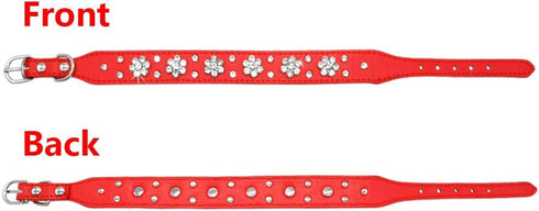 Rhinestone Dog Collar, Cute Flower Bling PU Leather Collar, Adjustable Sizes for Small Medium Large Dogs (M, Pink)