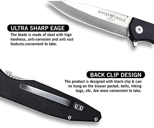 Swiss Eagle Defender Folding Knife, EDC 3.62" Steel Blade, G10 Tactical Handle