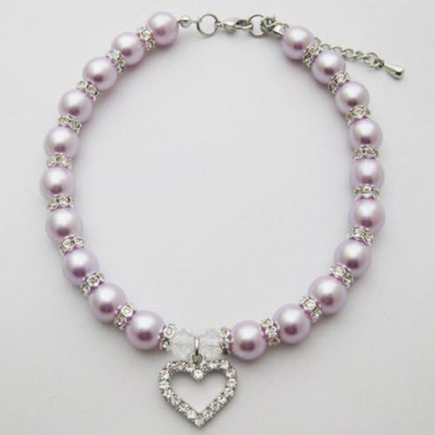Engraved Crystal Heart Dog Necklace Jewelry with Bling Pearls for Small Dogs - Purple, 10 to 12-Inch