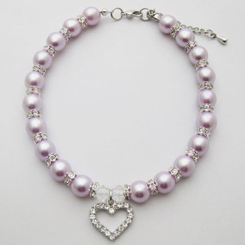 Engraved Crystal Heart Dog Necklace Jewelry with Bling Pearls for Small Dogs - Purple, 10 to 12-Inch