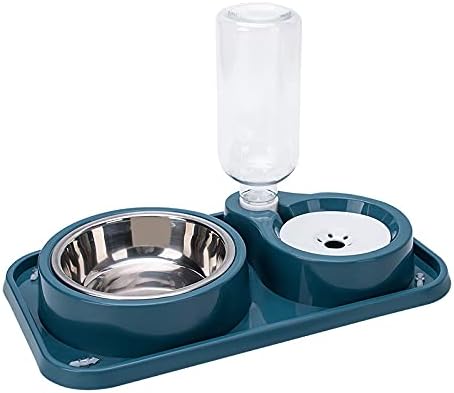 Double Dog Cat Bowls 2 in 1 Set with Automatic Gravity Water Dispenser Bottle, Detachable Stainless Steel Bowl, No-Spill
