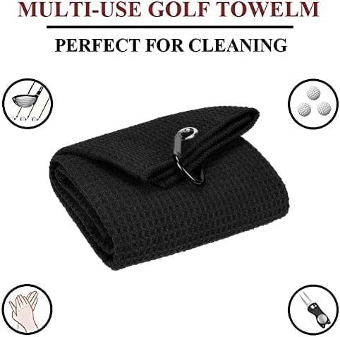 VIVIDLY Microfiber Waffle Pattern Tri-fold Golf Towel - Black Golf Towel Set with Club Brush and Divot Tool