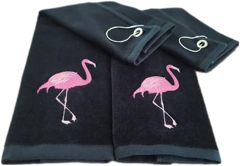 Pink Flamingo Golf Towel, 100% Turkish Cotton Absorbent Golf Bag Towel with Clip, 11X18 inch (black, 2)